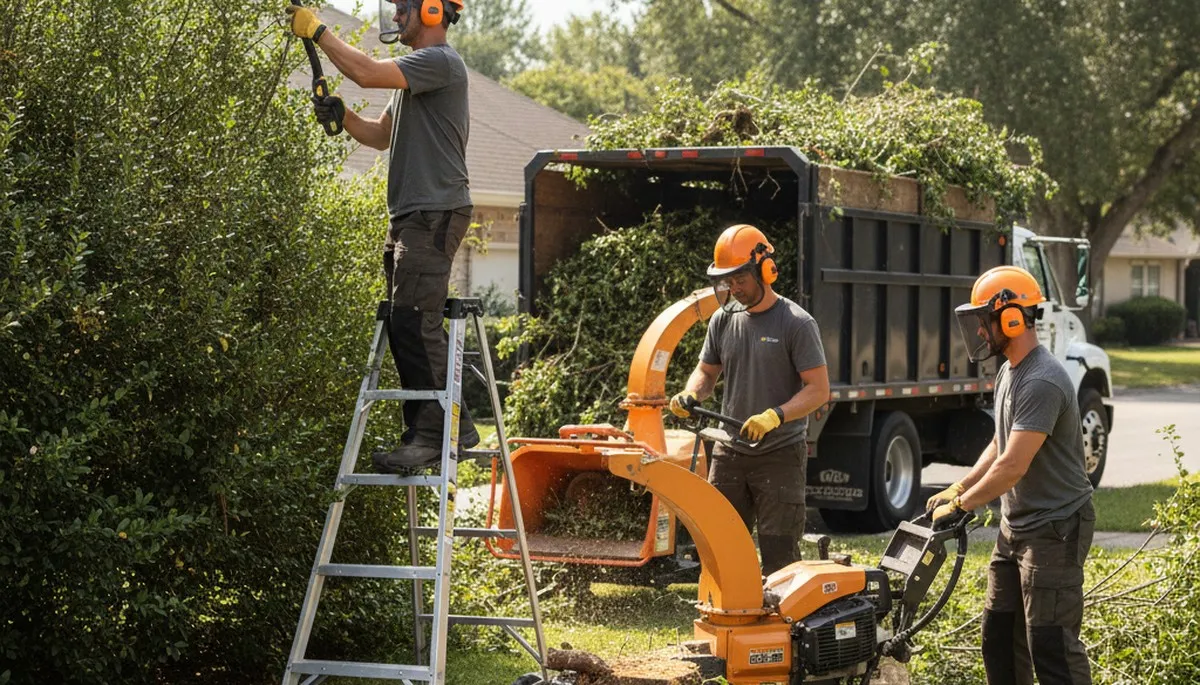 Tree crew removing overgrown shrubs in Lakeland, FL for cleaner landscape clearance